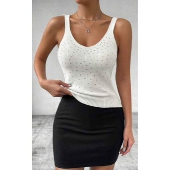 White Knitted Sweater With Rhinestone Embellishment - Picture 3 of 4